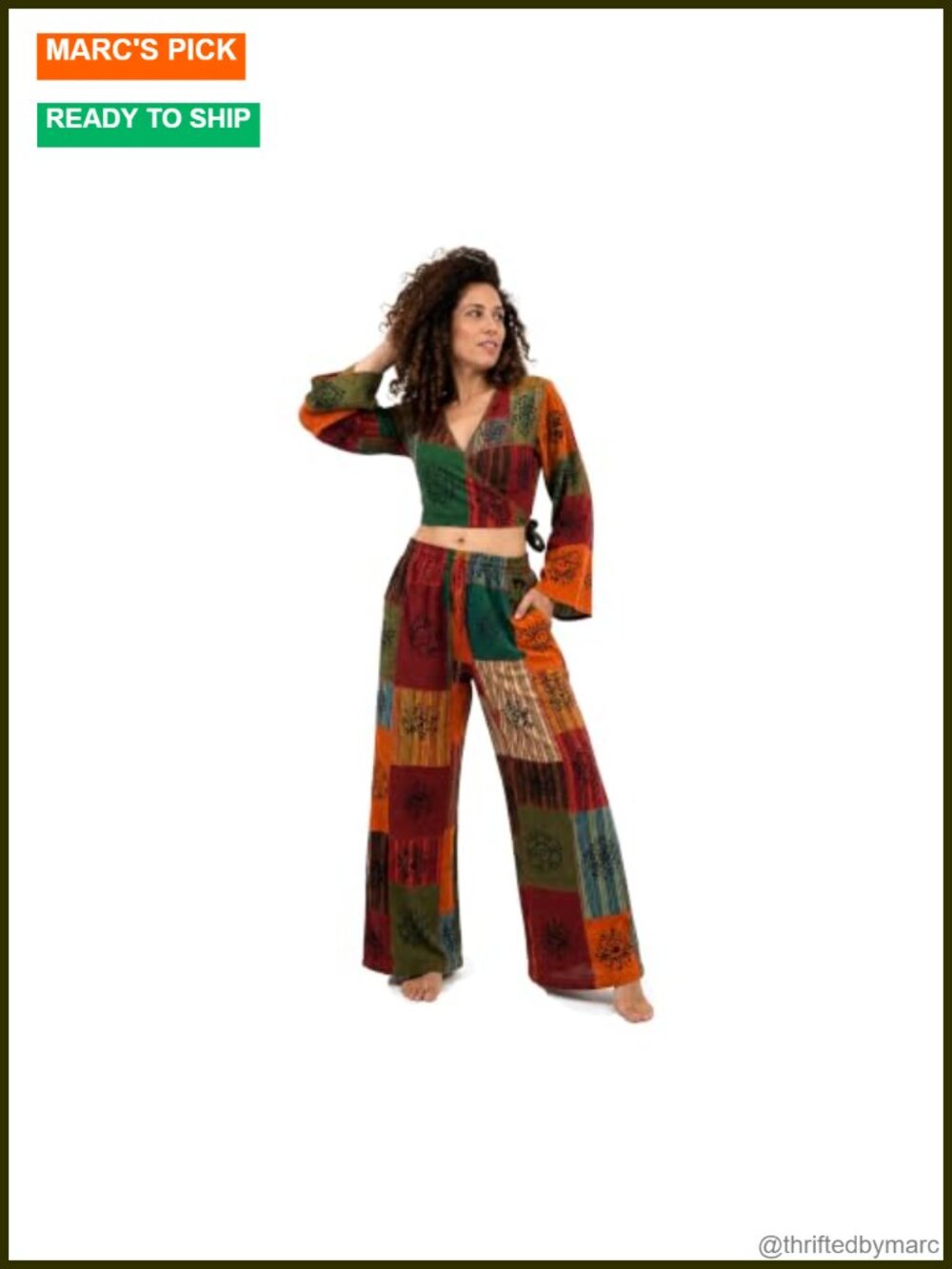 Hippie Costume Set Patchwork Palazzo Pants Bell Sleeve Top Cotton